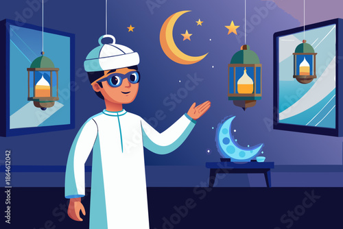 A young muslim boy celebrating ramadan or eid with traditional lanterns and crescent moon decorations