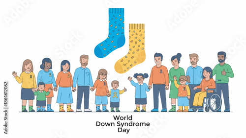 Diverse group of adults and children celebrating World Down Syndrome Day with mismatched socks, promoting awareness and inclusion.