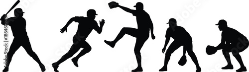 Black silhouette collection of professional baseball players in action including batter runner pitcher and catcher isolated on white background for sports competition