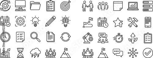 Business process management icon set, workflow planning symbols, productivity strategy tools, teamwork analytics, outline style, cad drawing flat vector illustration