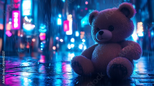 Teddy bear in a cyberpunk city neon lights and rain falling on blue lights background