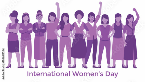 A diverse group of women stand together with their fists raised in solidarity for International Women's Day.