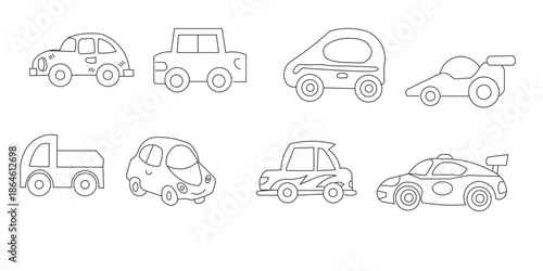 A set of eight simple line drawings of various vehicles