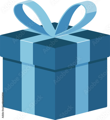 Blue gift box with ribbon bow illustration, present package icon for birthday, holiday celebration, surprise reward concept isolated