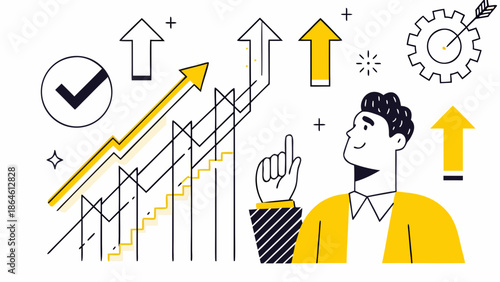Smiling man pointing at growing graph with yellow arrows and checkmark indicating success