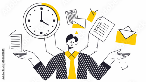 Businessperson multitasking with clock, papers and envelopes, representing productivity