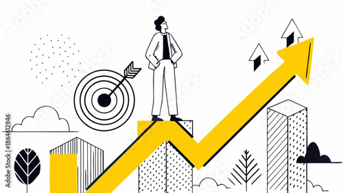 Business person standing on graph with target and upward arrow, symbolizing growth and success
