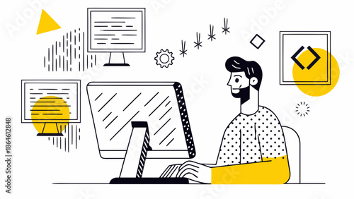 Cartoon developer sitting at desk coding on computer with multiple monitors and laptop