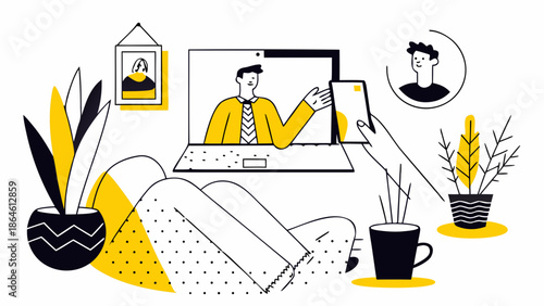 Freelancer working remotely on laptop with video call, relaxed at home with coffee and plants