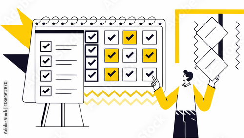 Cartoon office worker organizing tasks on large calendar checklist with yellow and black