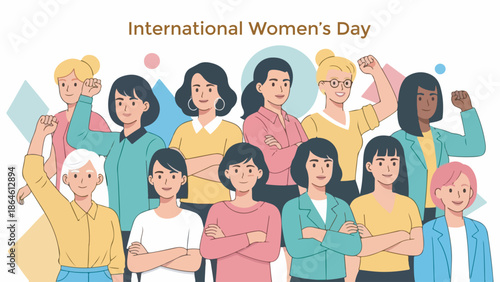 A diverse group of women celebrating International Women's Day, showing strength and unity.