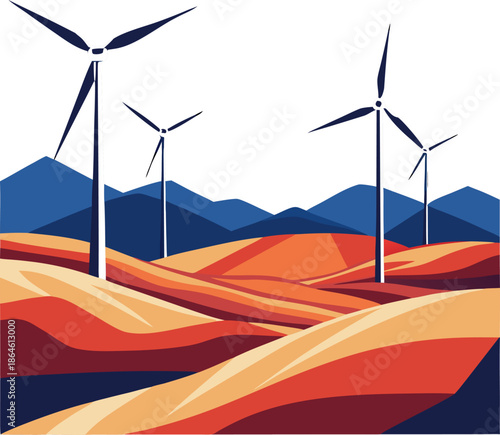 Colored vector illustration of a vast wind farm in a desert landscape during a golden sunset, white background.