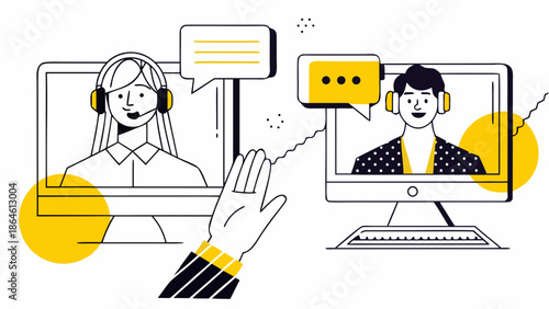 Illustration of tech support concept with people wearing headsets and communicating