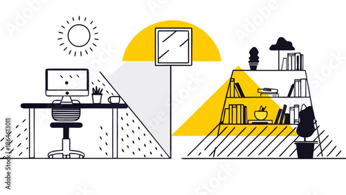 Work life balance concept with office desk and bookshelf, sunny and calm atmosphere