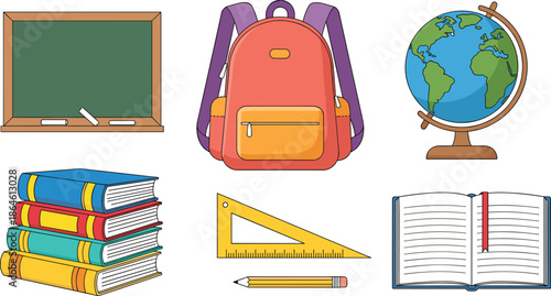 Back to School Education Illustration Set with Backpack, Books, Blackboard, Globe, Ruler, Pencil and Open Notebook for Learning and Academic Concept