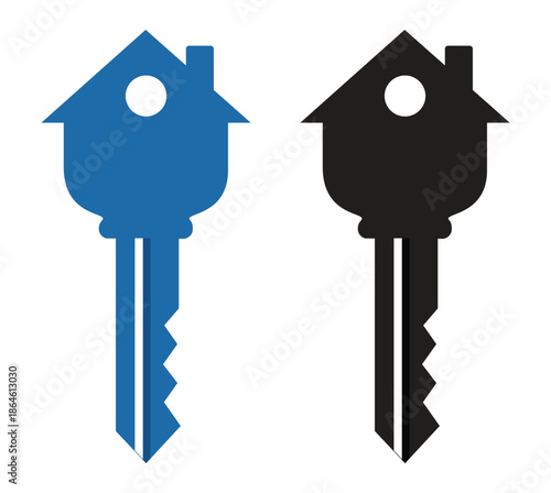 House key icons set with home-shaped heads for real estate sales property management locksmith services and new homeowner security branding