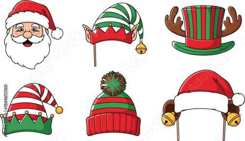 Christmas Holiday Photo Booth Props Set with Santa Claus Hat Elf Ears Reindeer Antlers and Festive Winter Beanie for X-mas Party Celebration