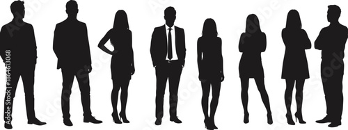 Business silhouettes, diverse professionals in suits, teamwork concept, leadership, office staff