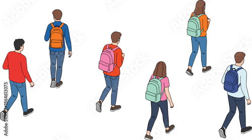 Back View Isometric People with Backpacks Walking for School Education Travel and University Lifestyle Concept with Diverse Students Group Illustration