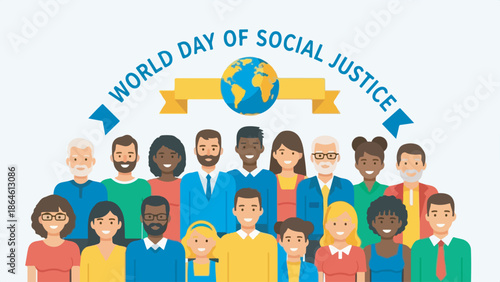 Diverse group of people celebrating World Day of Social Justice with a banner and globe icon.