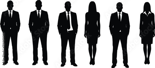 Business team silhouettes, corporate professionals, men and women in formal attire, teamwork, leadership, diversity, office staff, group success, unity, collaboration