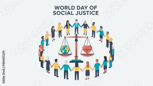 A diverse group of people holding hands in a circle around a scale balancing a globe and a heart, symbolizing World Day of Social Justice.