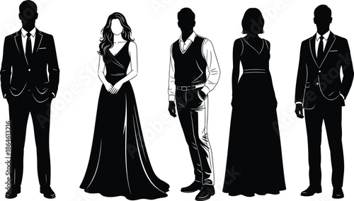 Group of People in Formal Attire Silhouette Set for Professional Business Events Gala Weddings Fashion Design and Elegant Clothing Concepts