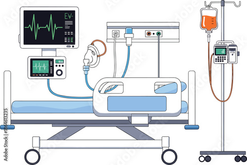 Hospital Intensive Care Unit Room with Medical Bed, Patient Monitor, Oxygen Mask, IV Drip Stand, and Vital Signs Electronic Equipment,