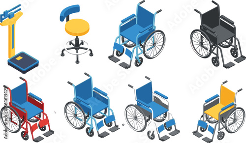 Isometric Medical Equipment Set Featuring Various Colorful Wheelchairs, Hospital Stools, and Professional Balance Beam Scales for Healthcare Mobility and Patient Rehabilitation