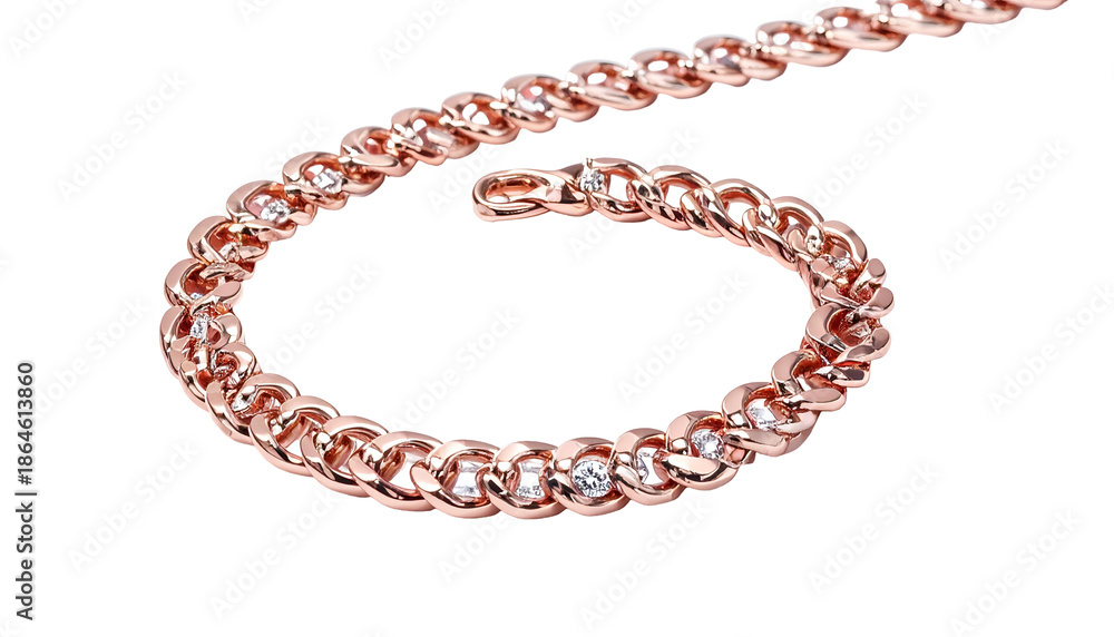 Obraz premium A close-up view presents a rose-gold chain necklace with small, sparkling embellishments along its linked structure, set against a black backdrop