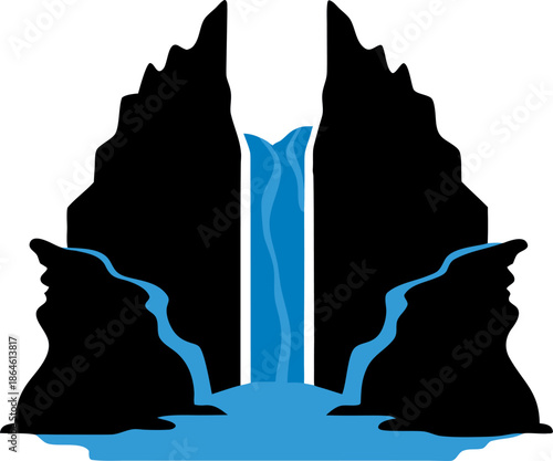 Silhouette vector of a waterfall flowing between two large rocks, white background.