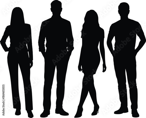 Collection of diverse male and female silhouettes standing in various professional poses wearing casual business attire isolated on white background