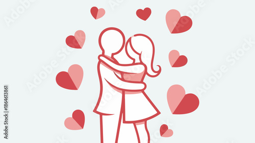A stylized illustration of a man and woman embracing surrounded by floating red and pink hearts, symbolizing love and affection.