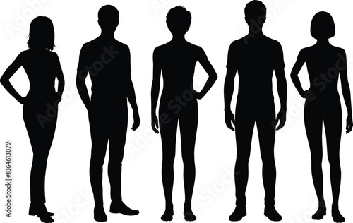 Collection of diverse male and female silhouettes standing in various professional poses wearing casual business attire isolated on white background