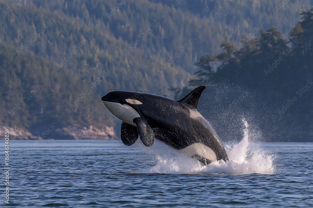 Fototapeta premium Majestic Orca Whale Breaching in the Ocean with Lush Green Forest in Background.