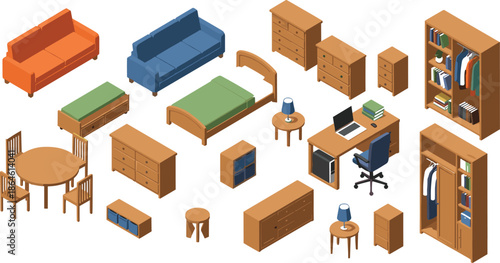 Isometric vector illustration of wooden home furniture collection including sofa, bed, wardrobe, desk, chairs, dresser, and bookshelves on white background.