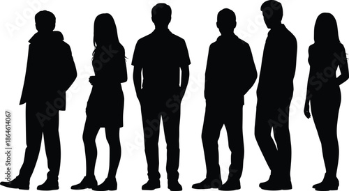 Collection of diverse male and female silhouettes standing in various professional poses wearing casual business attire isolated on white background