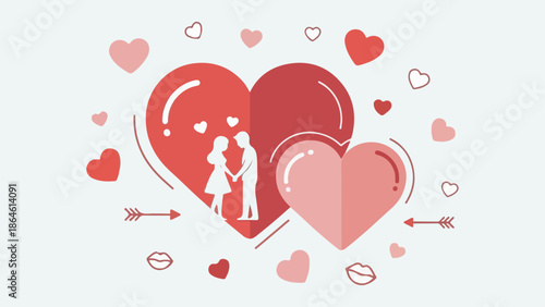 A flat design illustration depicting a loving couple embraced within a large heart, surrounded by smaller hearts, arrows, and lips, symbolizing romance and affection.