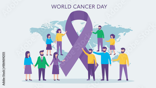 A diverse group of people standing around a large purple ribbon with a world map background, celebrating World Cancer Day.