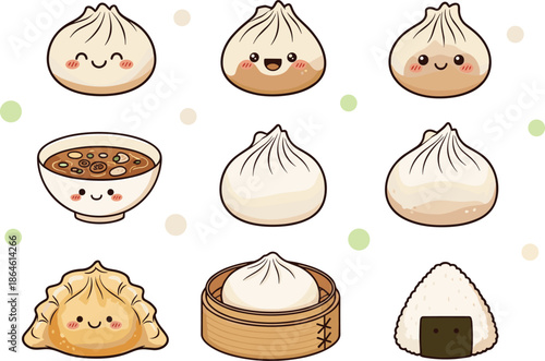 Kawaii vector illustration of cute dim sum characters including bao buns, soup dumplings, gyoza, and onigiri with happy smiling faces.