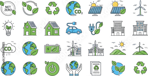Net Zero Carbon Neutral Icons Set for Renewable Energy Sustainability Green Technology Solar Wind Power and Eco Friendly Environment Concepts