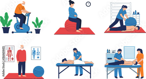 Physiotherapy and Rehabilitation Set Featuring Elderly Exercises, Pregnant Woman on Fitness Ball, Manual Therapy, Massage, and Professional Physical Therapist Clinic Services