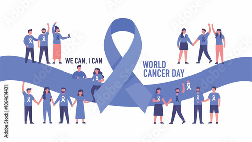 World Cancer Day illustration with diverse people holding hands around a large blue ribbon, symbolizing unity and support.