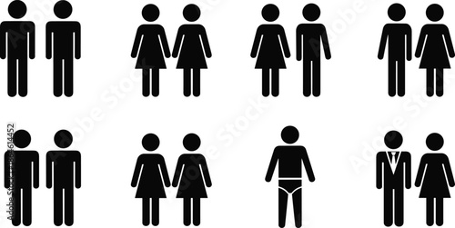 Set of Human Icon Symbols for Restroom Signage Gender Equality Diversity Inclusion Social Relationships Couple and Individual Male Female Figures Icons