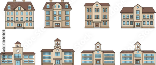 Set of School and University Building Icons for Education Knowledge Learning Campus Architecture College High School and Academy Facilities Design Concept