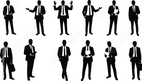Businessman silhouette set, formal attire poses, gesture and action icons, corporate behavior illustration, cad drawing flat vector illustration, design