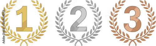 Gold silver bronze award badges with laurel wreaths, first second third place ranking icons, winner podium medals vector illustration isolated