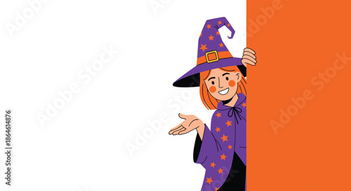 Cute and friendly young witch in a purple costume peeking from behind an orange wall and gesturing with her hand.