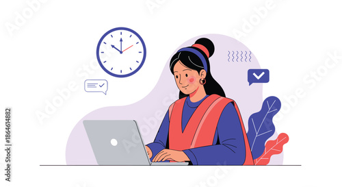 Productive woman working on her laptop at a desk with a clock in the background representing time management and efficiency.