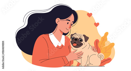Affectionate young woman with long dark hair gently petting her happy pug dog surrounded by hearts and foliage.